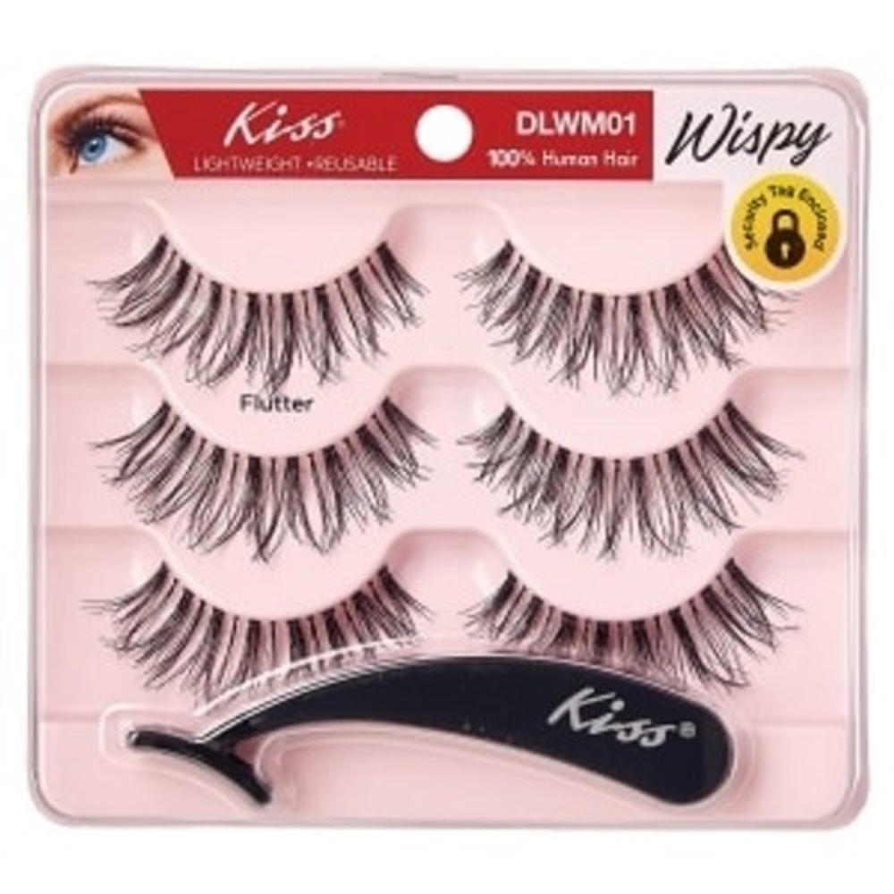 Kiss Wispy Flutter False Eyelashes 3 Pairs DLWM01 Human Hair With Applicator